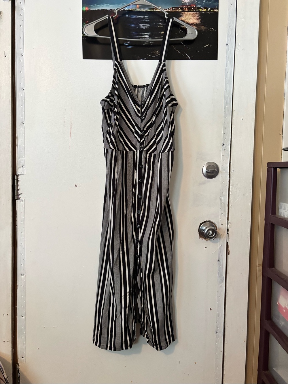 Women’s Black White Gray Striped Maxi Dress Button Front Sleeveless Size 10/12